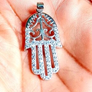 RII Sterling Silver 925 Religious Jewish Hamsa CZ Filigree Hand Pendant 3.5"